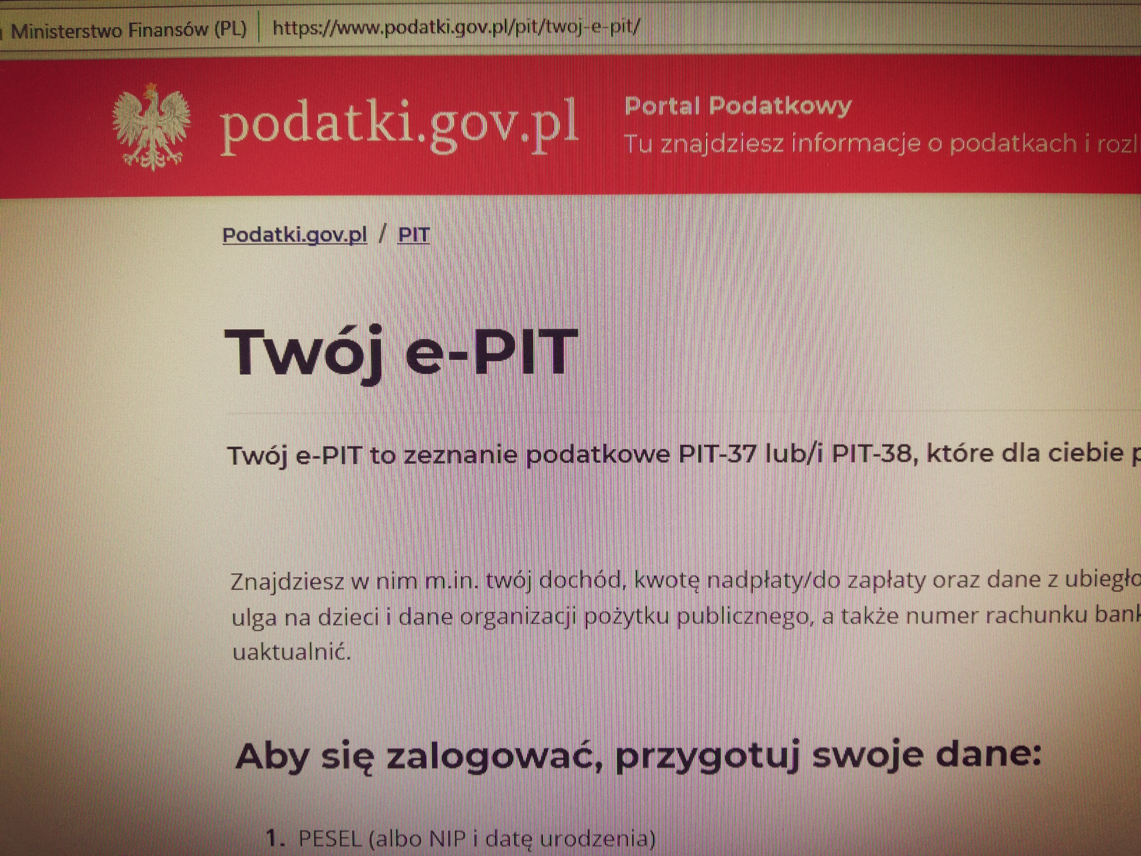 Strona internetowa, na której wyświetla się napis: Twój e - PIT