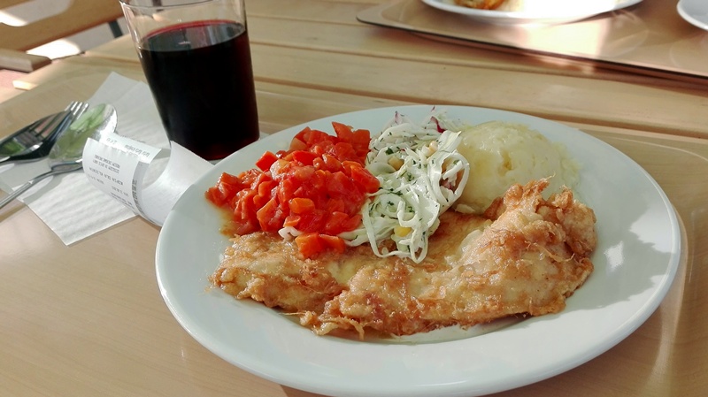 Na białym talerzu leży kotlet schabowy w panierce, ziemniaki, surówki. Obok talerza stoi szklanka z napojem