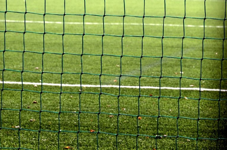 Siatka bramki piłkarskiej. W tle widać zieloną murawę stadionu.