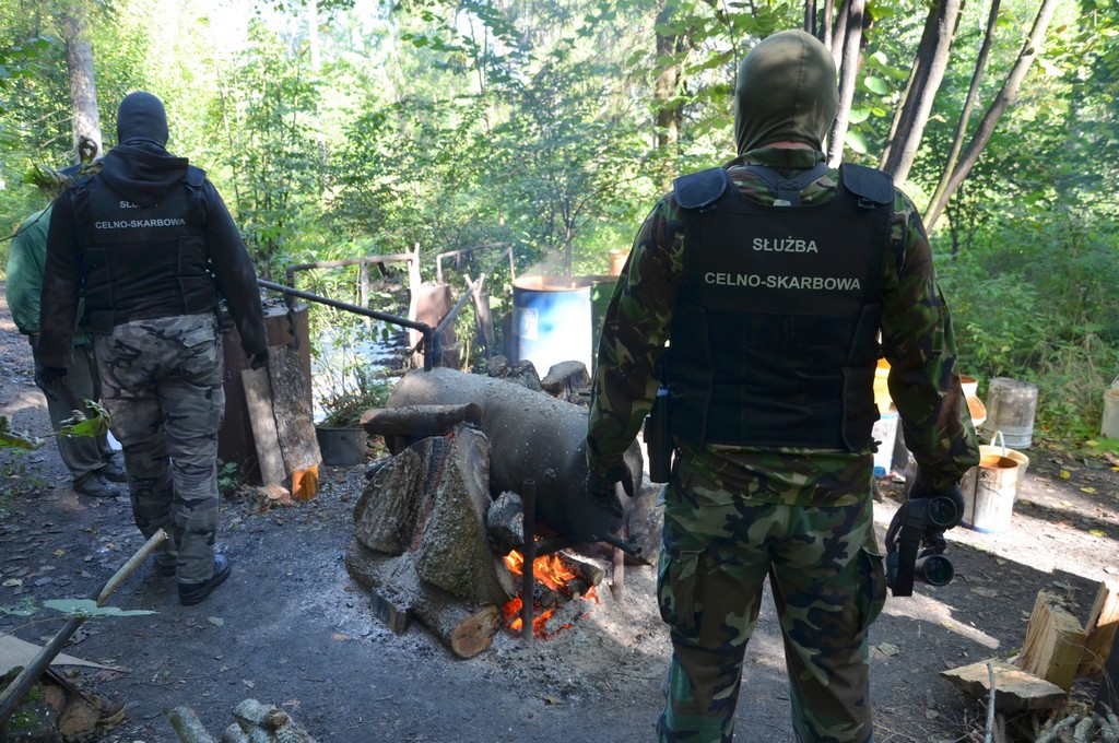Funkcjonariusze KAS stoją na terenie leśnej bimbrowni. Na miejscu jest kadź zawierająca 300 litrów fermentującego zacieru, chłodnica i kocioł, a także doły z wodą wykorzystywaną w wytwarzaniu bimbru oraz rozlewisko