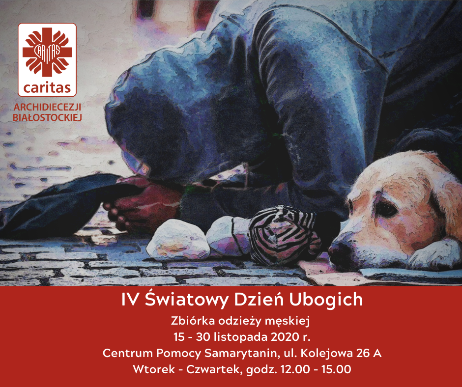 Mężczyzna w granatowej bluzie klęczy, rękami opiera się o bruk, na dłoniach ma opartą głowę. Głowę ma przykrytą kapturem. Obok niego leży pisać. Widoczna jest tylko jasny, smutny pysk psa. W górnym lewym rogu znajduje się znaczek Caritasu