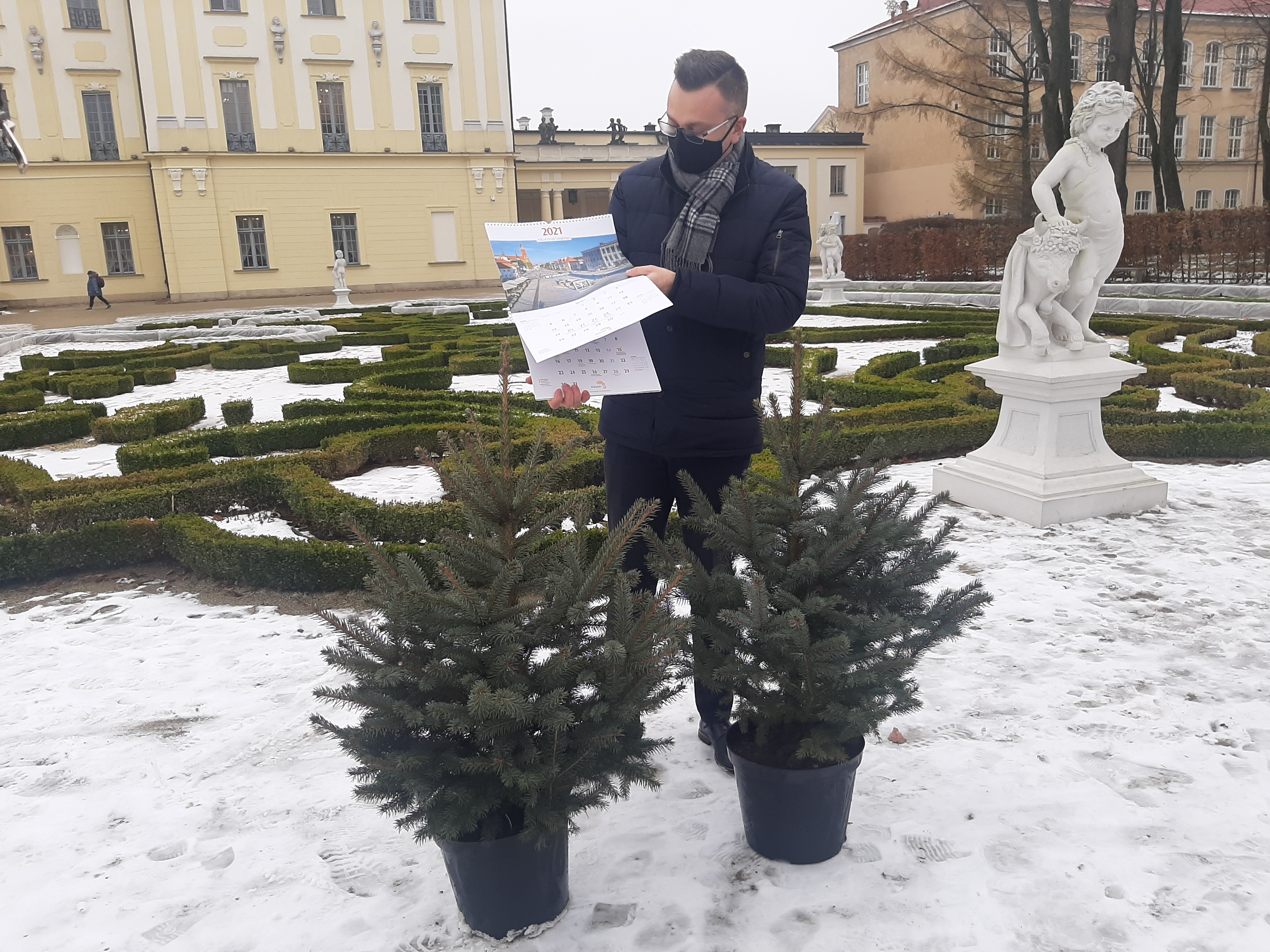 W parku Pałacu Branickich, przy jednej z rzeźb stoi zastępca prezydenta i prezentuje kalendarz ścienny, w którym przekłada kartki. Przed mężczyzną stoją dwa świerki w doniczce, a nim widoczny jest fragment Pałacu Branickich