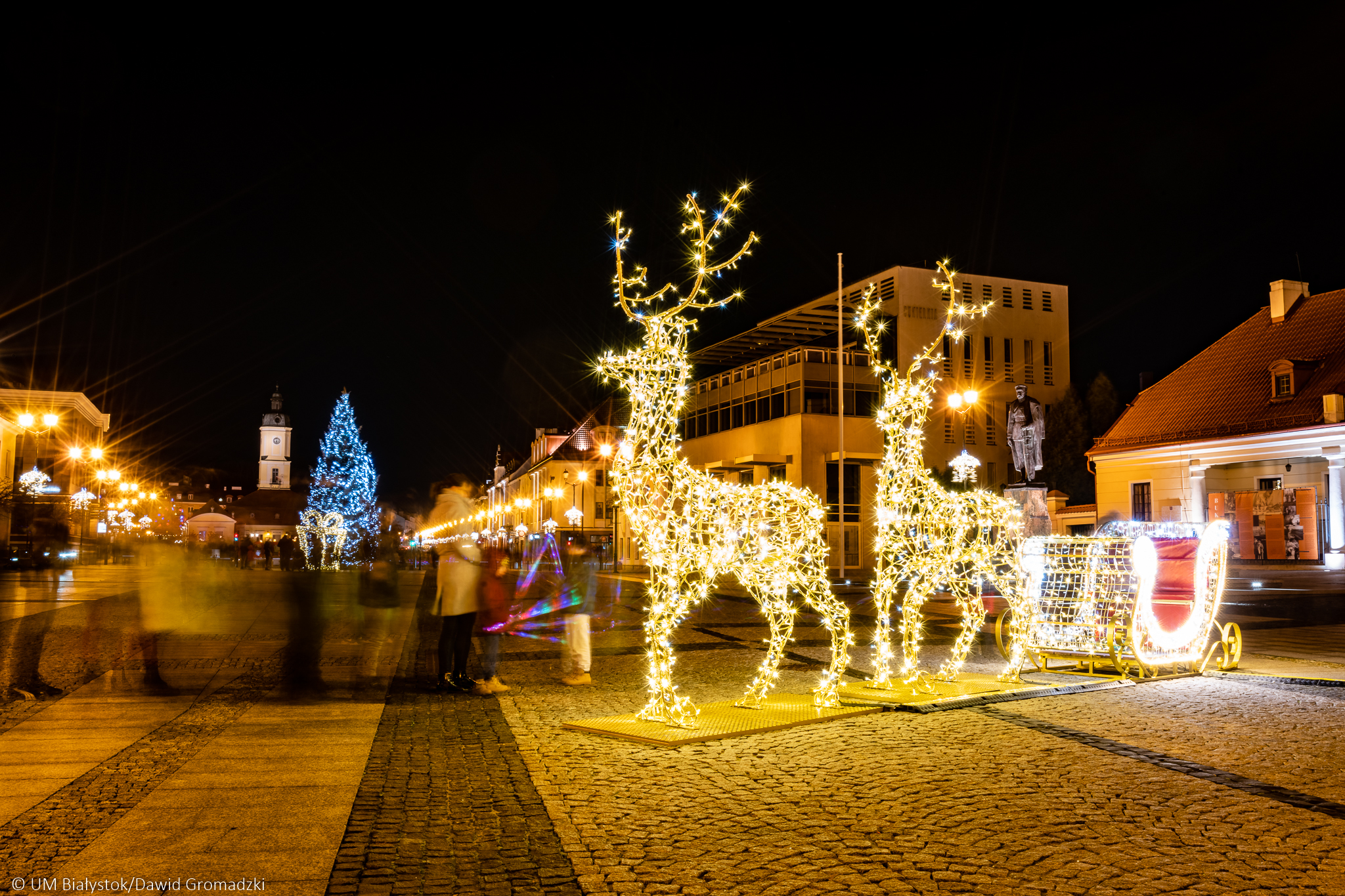 Białystok nocą. Plac przed pomnikiem marszałka Piłsudskiego, stoją świetlne renifery zaprzężone w podświetlone sanie. W oddali widać miejską choinkę przyozdobioną w niebieskie światełka