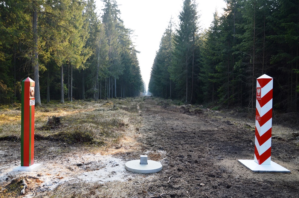 Dwa słupki graniczne na pasie leśnej drogi