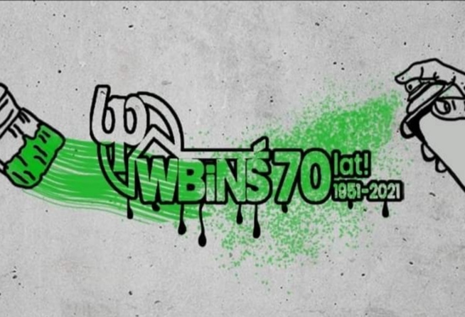 Grafika konkursowa, dwie osoby sprajują napis WBiN 70 lat