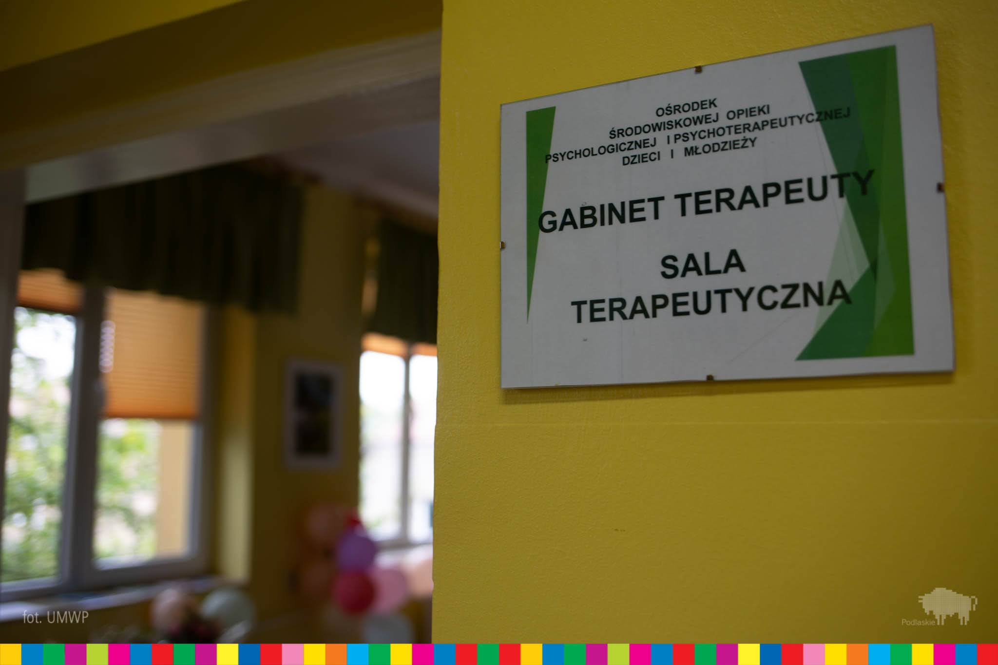 Żółta ściana , na której znajduje się tabliczka z napisem: Sala terapeutyczna, gabinet terapeutyczny