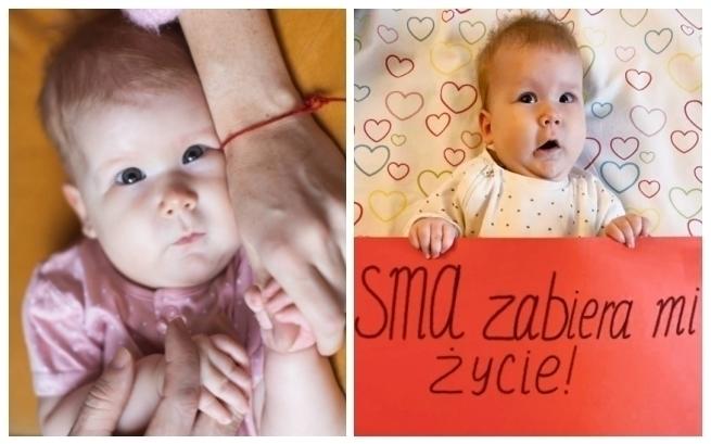 Mała dziewczynka leży w łóżeczku, trzyma transparent z napisem SMA zabiera mi życie