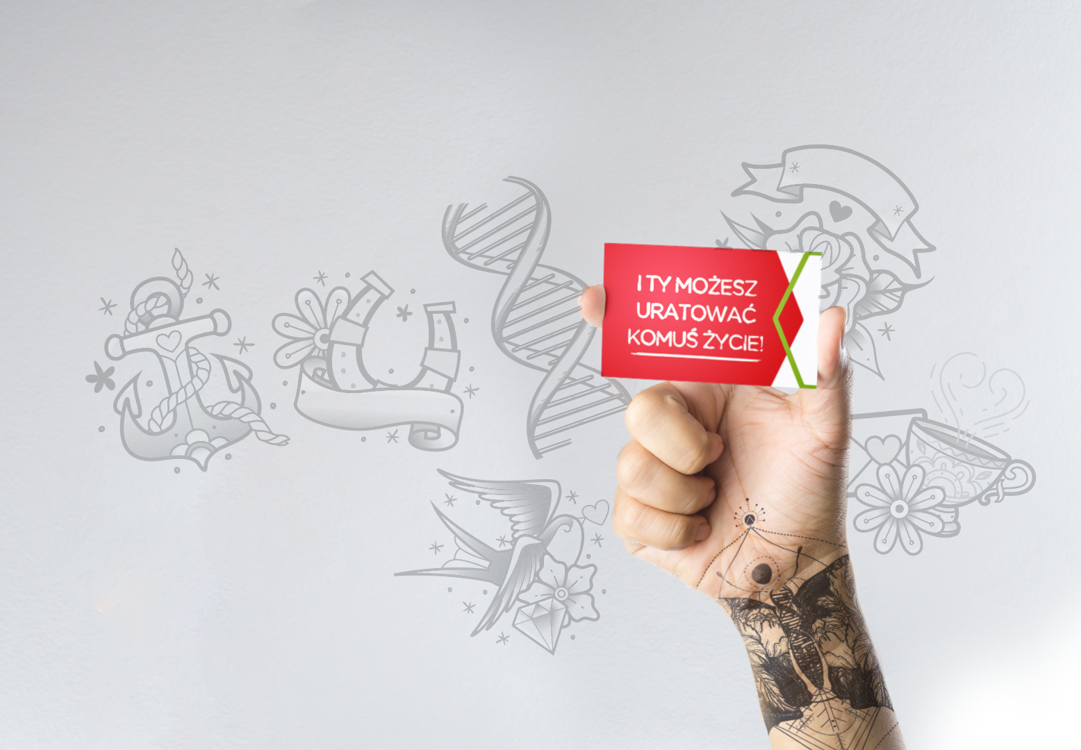 Grafika promująca akcję oddawania szpiku przedstawiająca rękę trzymającą karteczkę z napisem "I Ty możesz uratować komuś życie"