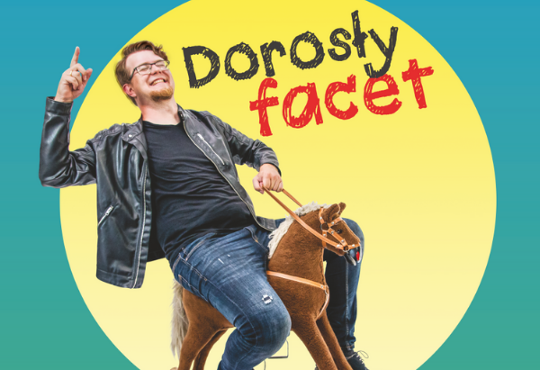 Grafika z mężczyzną na bujanym koniu