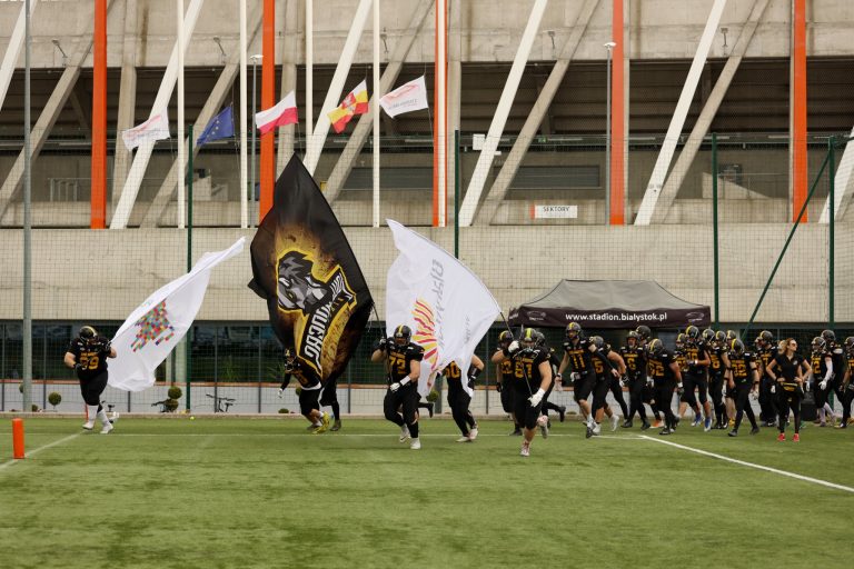 drużyna futbolu amerykańskie z flagami na na murawie stadionu