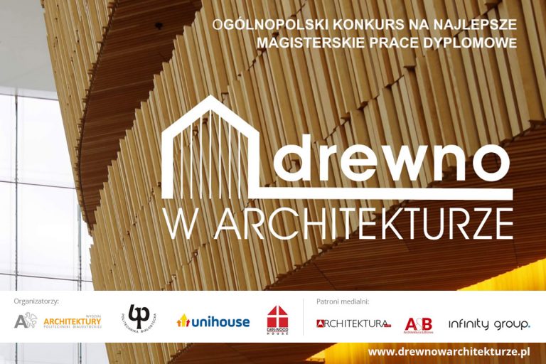 w tle drewniana fasada, z przodu logo i hasło konkursowe