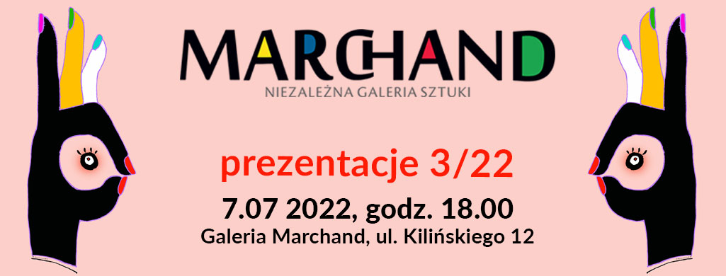 plakat z logo Galerii Marchand, kolorowe dłonie