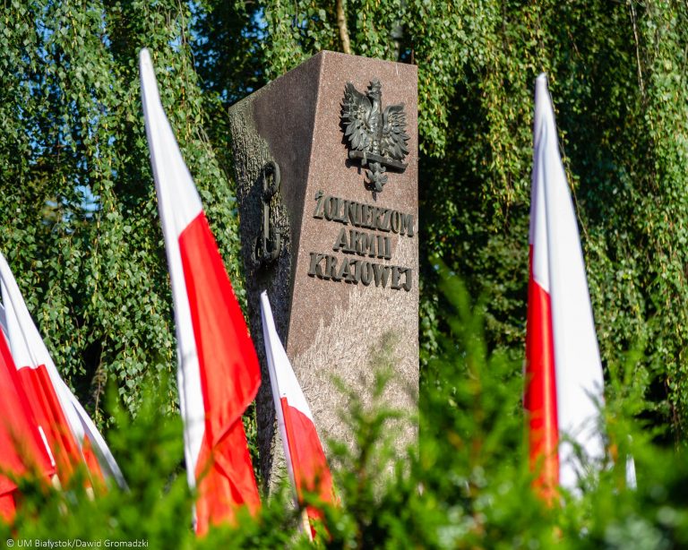 pomnik Żołnierzom Armii Krajowej i 4 flagi Polski