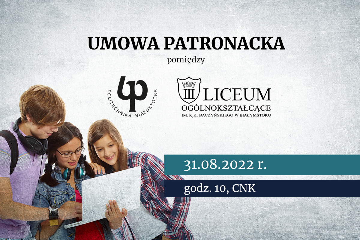 uczniowie patrzą na kartkę, napis umowa patronacka