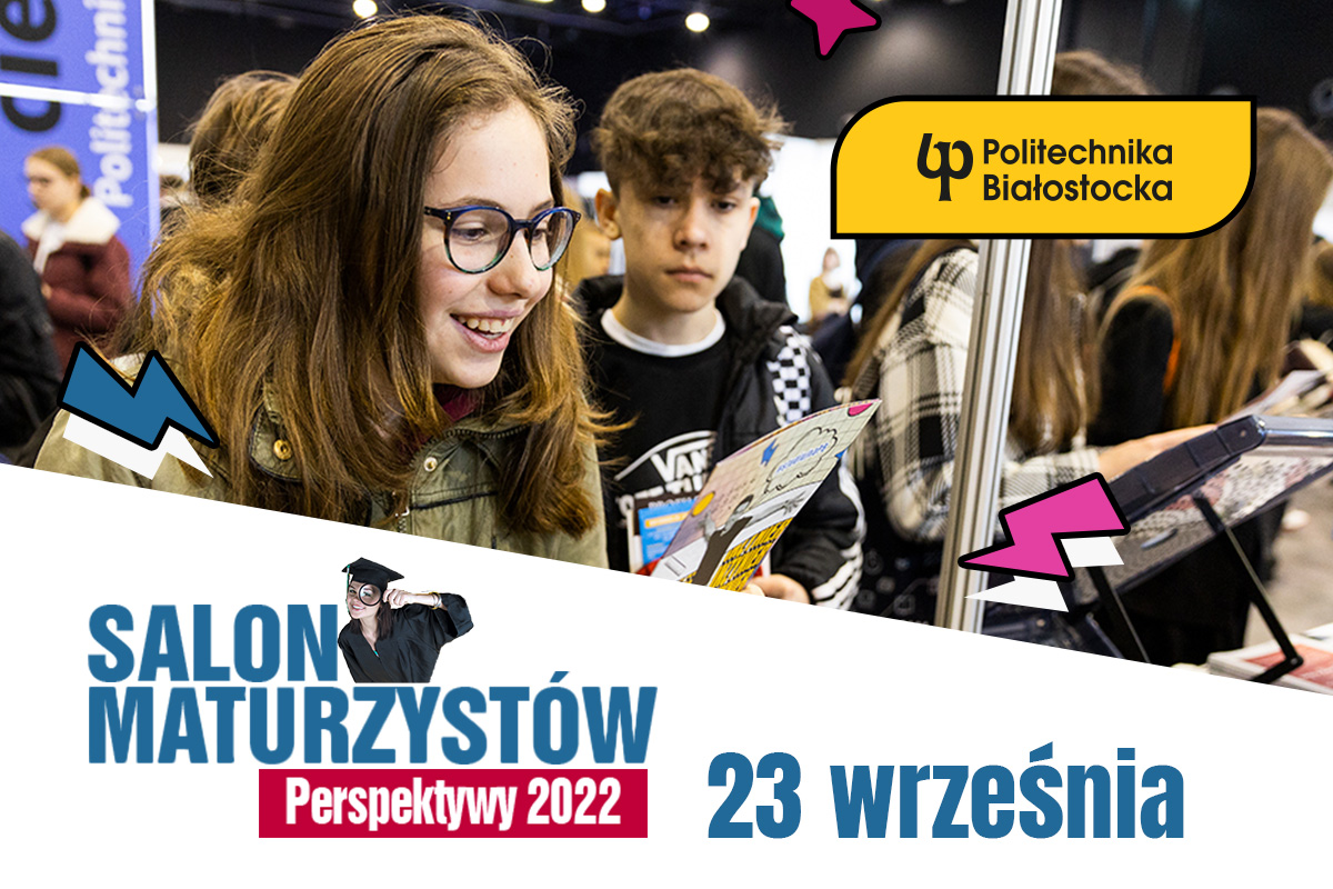 uśmiechnięte twarze dwóch młodych ludzi, napis salon maturzystów