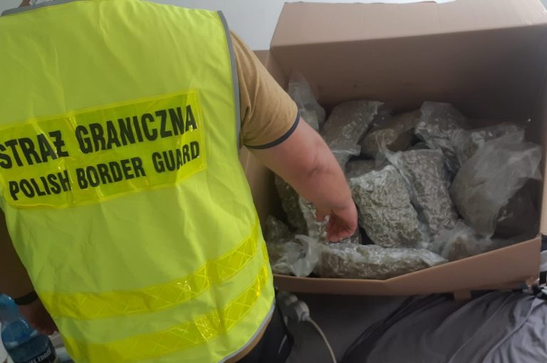 człowiek w kamizelce z napisem straż graniczna pokazuje ba pudełko z torebkami
