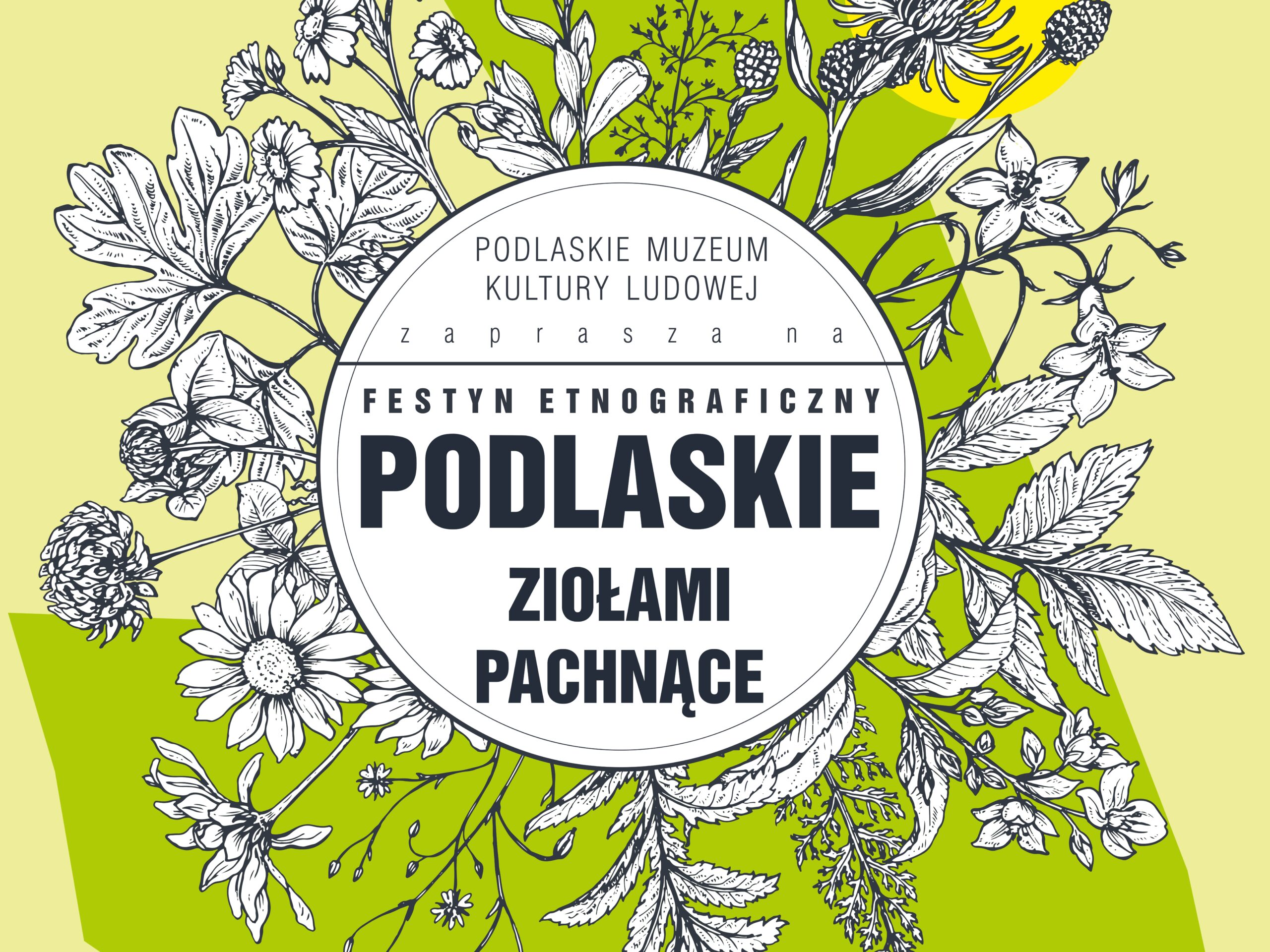 na środku w kole nazwa imprezy i data, dookołagrafika z kwiatów i ziół
