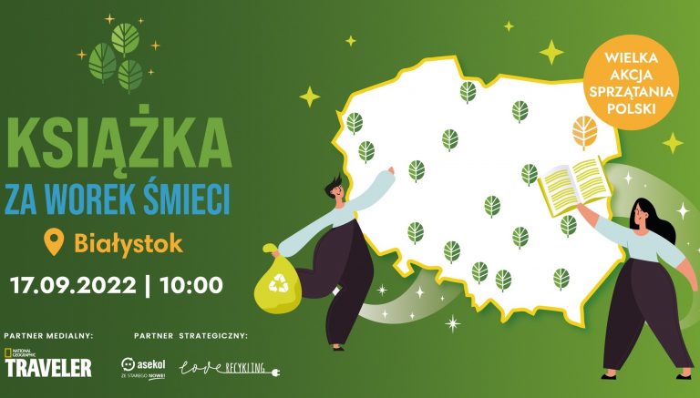 Plakat prezentuje białą mapę polski, a obok rysunki ludzi z workami na śmieci w rękach, obok jest napis akcji oraz podane miejsce wydarzenia i partnerzy