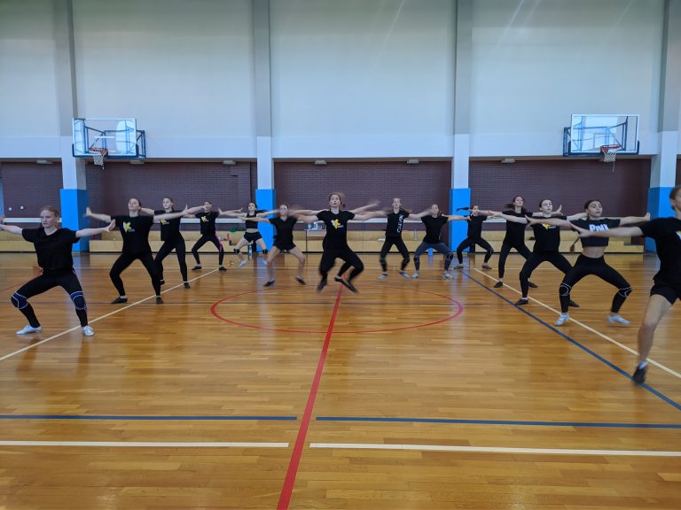 Grupa dziewczyn na hali sportowej ustawiona w pozycji tanecznej