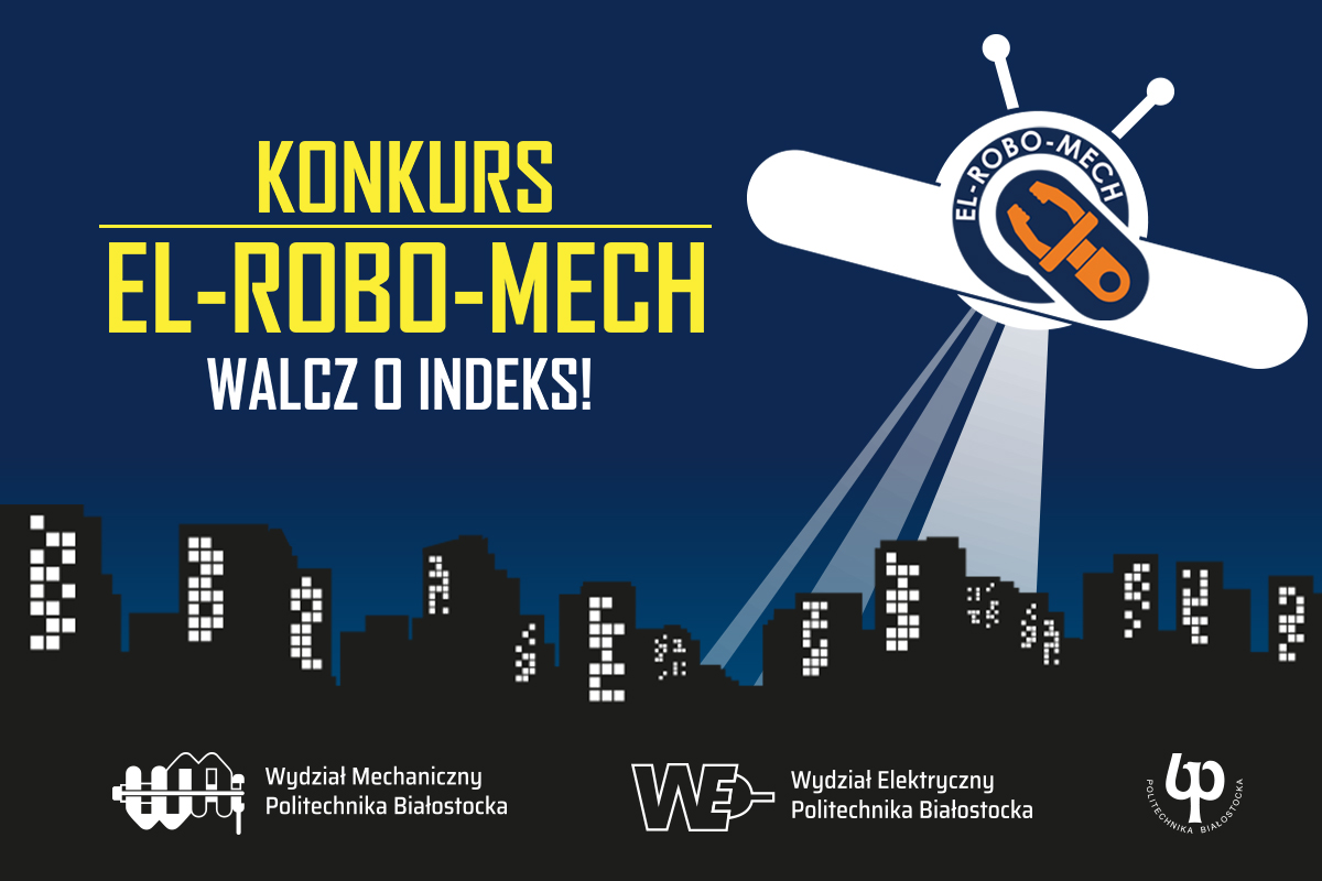 Plakat przedsrawia rysunek statku kosmicznego oświetlającego miasto, jest napis informujący o konkursie