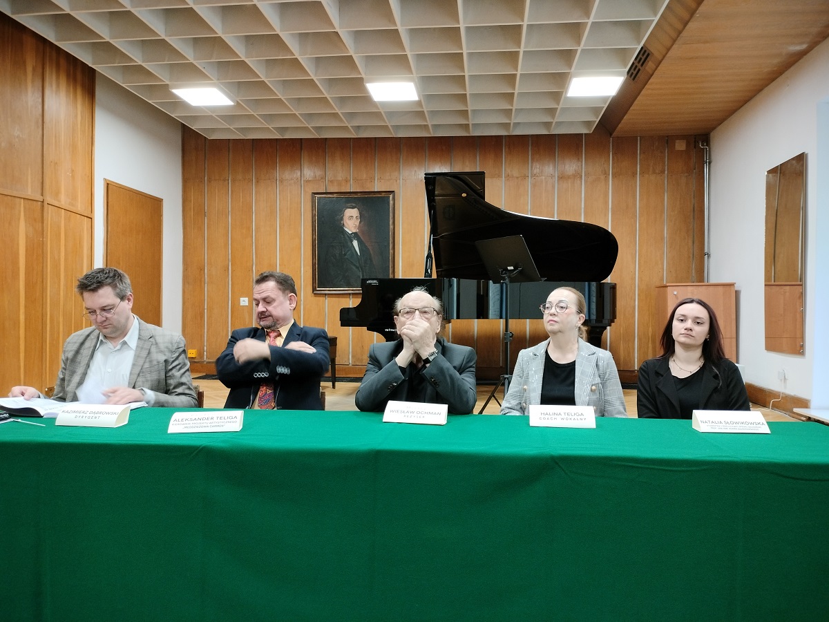 Pięć osób siedzi za stołem