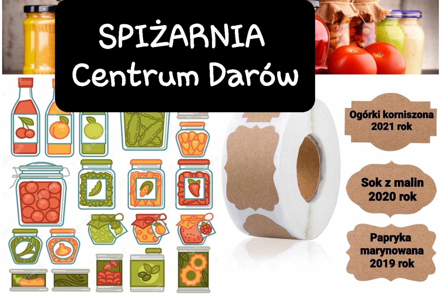 Plakat z napisem "Spiżarnia Centrum darów" i grafikami przetworów w słoikach