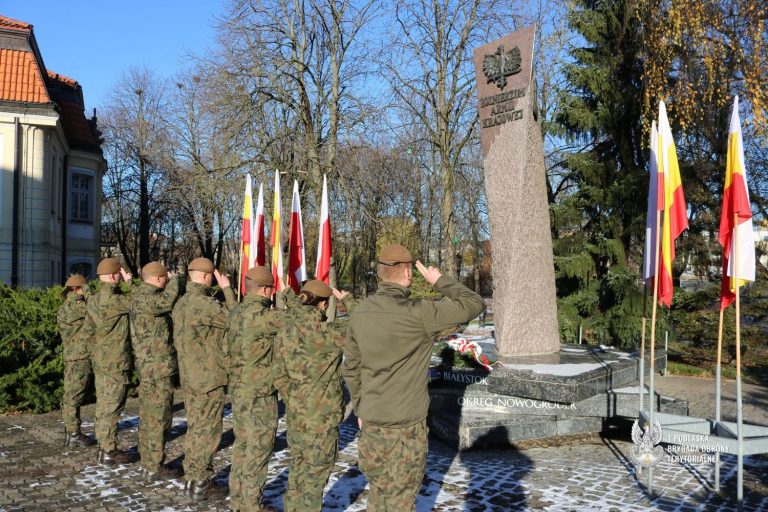 Żołnierze salutują przed pomnikiem