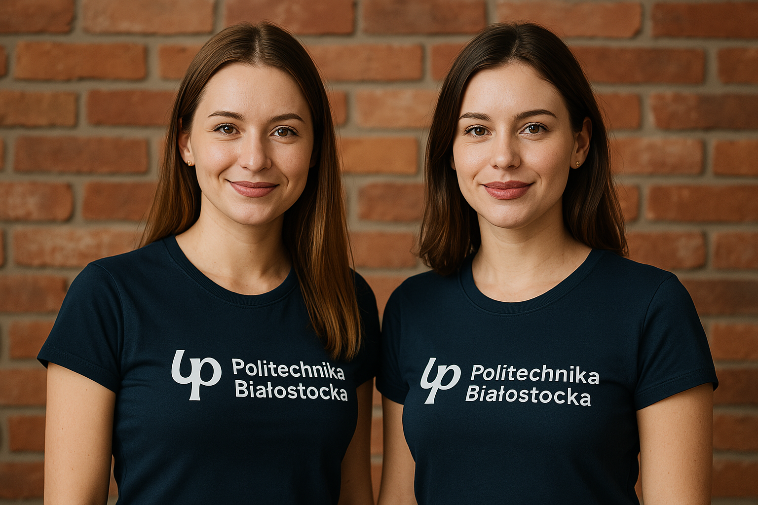 Dwie młode kobiety stoją blisko siebie, ubrane w granatowe koszulki z logo i napisem „Politechnika Białostocka”. Uśmiechają się, patrząc w obiektyw. W tle ceglana ściana.