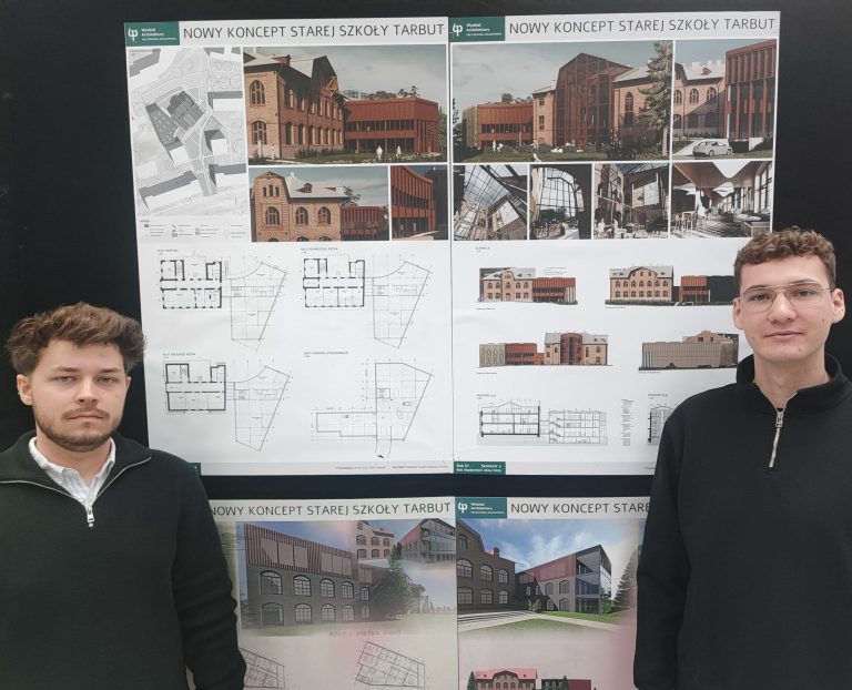 Studenci pozują na tle plakatu