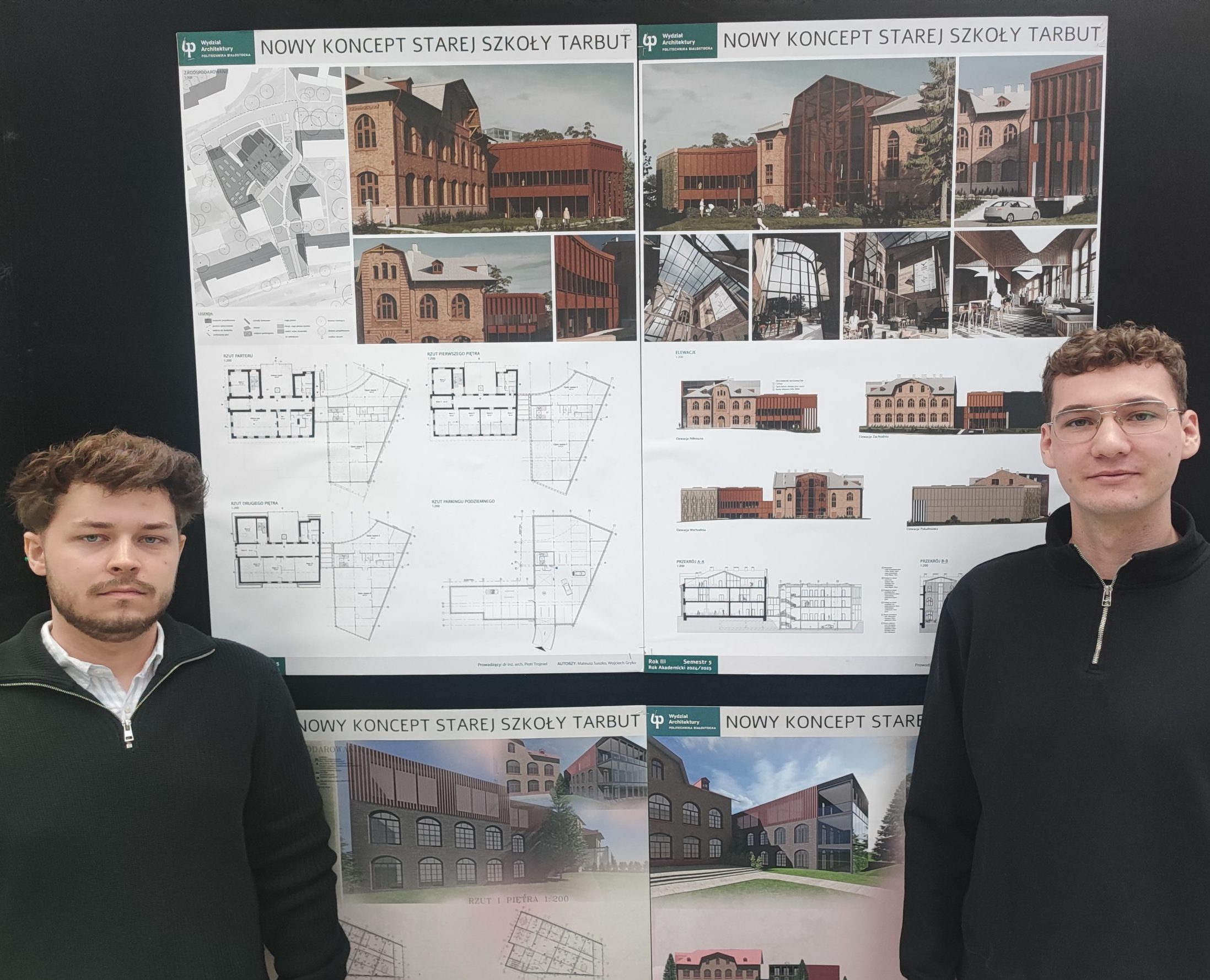 Studenci pozują na tle plakatu