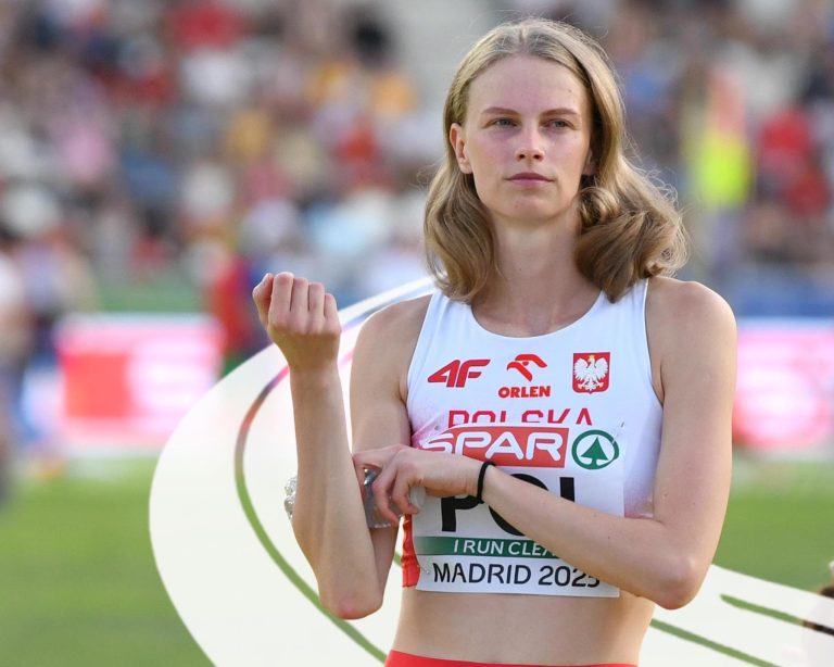 Maria Żodzik, lekkoatletka z KS Podlasie Białystok, w stroju reprezentacji Polski podczas zawodów lekkoatletycznych w Madrycie w 2023 roku