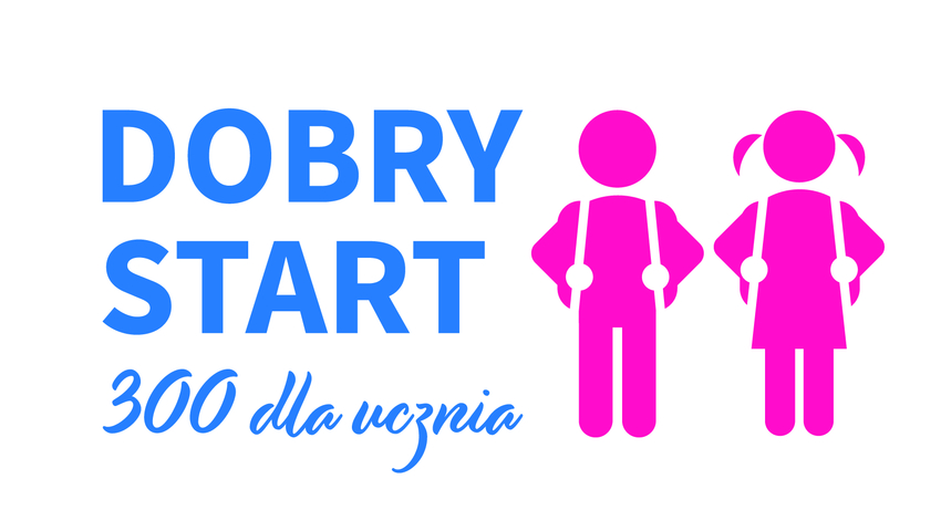 Grafika przedstawiająca logo programu „Dobry Start – 300 dla ucznia”. Po lewej stronie niebieski napis „Dobry Start 300 dla ucznia”, po prawej różowa sylwetka chłopca i dziewczynki z plecakami.