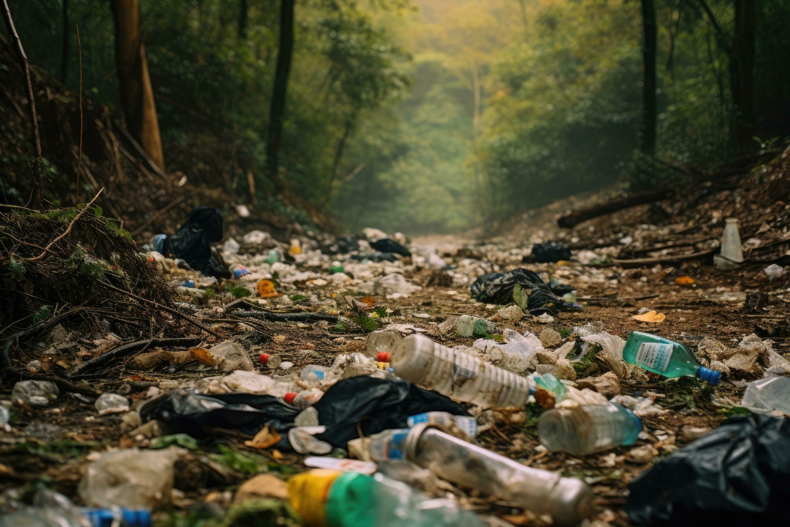 Porzucone szklane i plastikowe butelki oraz inne śmieci leżą na leśnej ściółce między drzewami, symbolizując rosnącą skalę zanieczyszczenia środowiska leśnego.