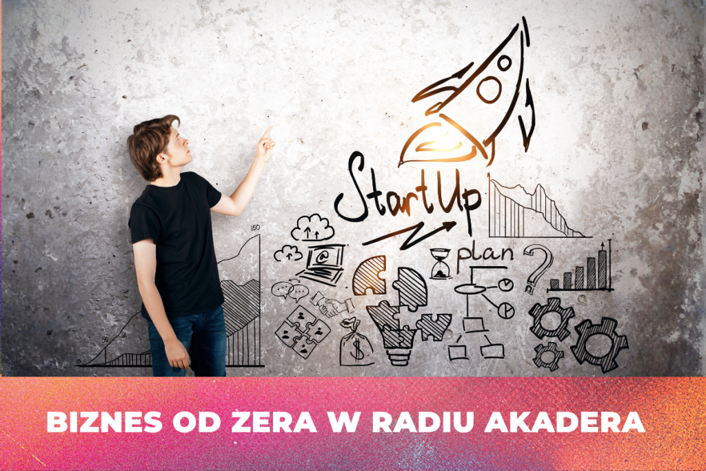 Młody mężczyzna w czarnej koszulce stoi przy ścianie i wskazuje na rysunek symbolizujący start-up — rakietę oraz schemat z wykresami, ikonami pieniędzy, zębatkami i planem działania. Na dole grafiki widnieje napis: „Biznes od zera z Radiem AKADERA”.